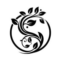 Black and White YinYang Composition A Floral with Swirling Branches and Leaves Inside a Circular Frame, Minimalist Style. vector