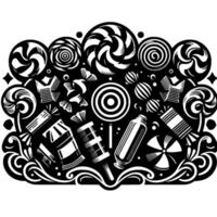 Monochrome Candy Extravaganza A Stylized Display of Lollipops, Sweets, Candies, and Confectionery Delight in Intricate Black and White. vector