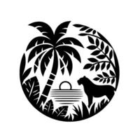 Silhouette of a Leopard by a Tropical Sunset Amidst Palm Trees and Foliage Encased in a Circle, Black and White . vector