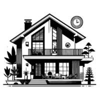 Modern TwoStory House with Balcony, Large Windows, Clock, and Landscaping in a Minimalist Black White Illustration. vector