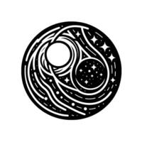 YinYang Cosmic Balance A stylized black and white celestial illustration featuring swirling galaxies, stardust, and stellar elements in perfect equilibrium within a circular frame. vector