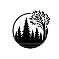 A stylized black and white forest emblem featuring evergreen trees and a deciduous tree, enclosed within a circle. vector