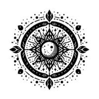 Intricate Black and White Mandala Celestial Sun and Moon with Ornate Circular Symmetry, Dot Pattern Border. vector