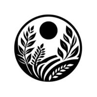 Black and White Circular stylized field, wheat, and foliage beneath a sun. Clean, minimalist illustration, concept. vector