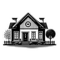 Black and white illustration of a classic American suburban house with picket fence, trees and bushes, in a serene setting. vector