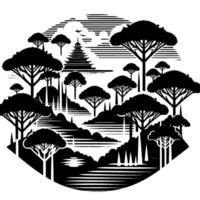 Black and white minimalist illustration of a serene landscape featuring stylized trees, a pagoda, and a lake, within a circular frame. vector