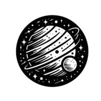 Black and White Celestial Illustration Planet Saturn, Moon, Stars, in a Circle, Engraved, Cosmic Universe. vector