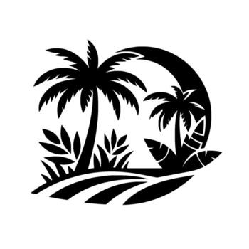 silueta de tropical escena presentando palma árboles, plantas, y un curvo resumen elemento, todas prestados en rígido negro y blanco. vector