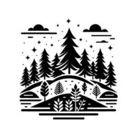 Black and White Silhouette Landscape Forest of Pines, Various Plants, Starry Sky, and Clouds in a Minimalist vector