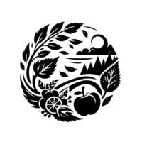 Circular Monochrome Composition NatureInspired with Apple, Citrus, Leaves, Mountains, Sky, and Foliage Elements. vector