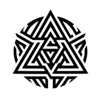 Black and white geometric star within a circle, featuring interwoven triangles, creating a complex pattern with a modern aesthetic and minimalist on a gradient background. vector