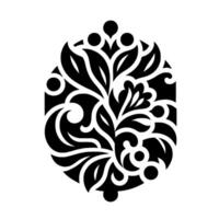 Ornate Black Floral Pattern in Oval Frame Against White Backdrop, Symmetrical , Silhouette. vector