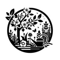 A stylized black and white garden scene framed within a circle, depicting a blossoming tree, watering can, and various plants. vector