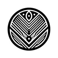 Geometric Black and White Circular Symbol with Chevron and Eyelike Elements, Isolated on White Background. vector