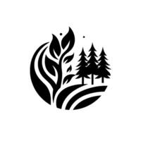 Stylized Black and White Depicting Natures Elements Lush Greenery, Evergreen Trees, and Rolling Landscape Contained in a Circular Frame. vector