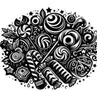 Intricate black and white illustration of a candy and sweets arrangement with lollipops, candy canes, and decorative elements creating a whimsical, festive scene. vector