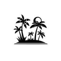 Stylized black and white tropical island scene with varying sized palm trees, grass and implied sun, minimalist . vector