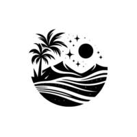 A stylized black and white circular landscape featuring palm trees, mountains, rolling hills, stars, and a moon, evoking a tranquil night scene. vector