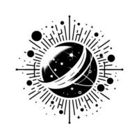 A Celestial Glyph Cosmic Orb of Stars, Orbiting Rings, surrounded by radiating lines and dots, in monochrome style. vector