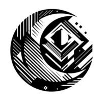 Abstract Monochrome Geometric Composition Crescent Enclosing a Complex, CubistInspired Structure with a HalfMoon Spherical Element. vector