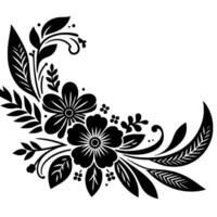 Ornate Black Floral Corner with Flowers, Leaves, and Berries in a Minimalist Style on a White Background. vector