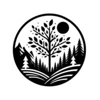 A Minimalist Black and White Circular Depicting a Forest Scene with a Central Tree, Mountains, Pines, and Moon. vector