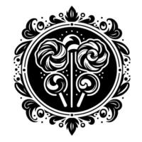 Black and White Ornate Emblem of Lollipops in a Circular Decorative Frame with Scrollwork and Dot Details. vector