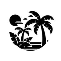 of a tropical island scene with stylized palm trees, sun, clouds, and a sandy beach within a circular frame, rendered in black and white. vector