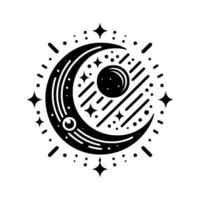 Celestial Crescent and Stellar Orb A Monochrome of a Moon, Stars, and a Cosmic Sphere in a Minimalist Illustration. vector
