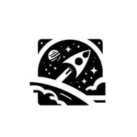 Stylized black and white illustration of a rocket launching into space from a cloudy planetary surface, within a square frame. vector