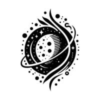 Abstract Black and White Cosmic Illustration A Celestial Sphere with Planets, Stars, and Orbits against a White Backdrop. vector