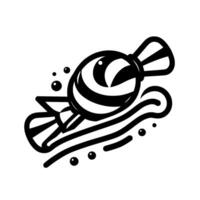 A whimsical black and white illustrated candy, with striped body and flowing lines and bubbles, set against a plain white background. vector