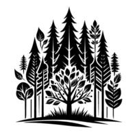 Stylized Black and White Forest Silhouette Depicting Diverse Trees with Leaves, Pines, and Grass. vector