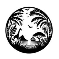 Serene Black White Circle African Savannah Scene with Giraffe, Palm Trees, Mountain, Boat, Birds. vector