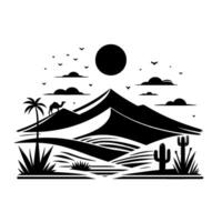 Monochrome Desert Landscape Silhouette of Mountains, Camel, Palm Tree, Cacti, Sun, and Clouds in a Flat Style. vector
