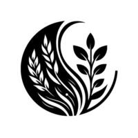Black and white illustration featuring stylized wheat and leaf elements arranged inside a yinyang inspired circular . vector