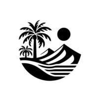 Minimalist Black and White Landscape Featuring Palm Trees, Mountain, and Sun within a Circular Composition. vector