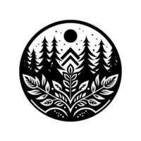 A circular monochrome illustration depicting a serene forest scene with stylized trees, foliage, a mountain, and a moon, evoking natures beauty. vector