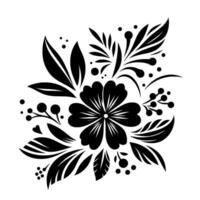 Intricate Black and White Floral Central Bloom with Leafy Accents, Dots, and Berries on a White Background. vector