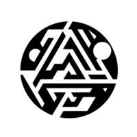 Black White Geometric Circular, abstract pattern featuring sharp angles, triangles, and small circles, resembling a maze or complex structure. vector