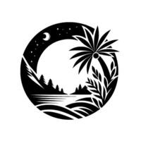 Stylized black and white night scene inside a circle, featuring palm trees, water, mountains, moon, and stars. vector