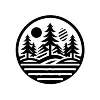 Black and white circular minimalist illustration of a forest scene with trees, two celestial bodies, and a stylized landscape, evokes a sense of tranquility. vector