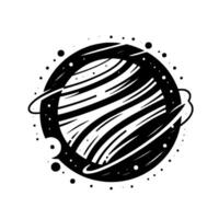 Striking black and white illustration of a planet with swirling striped surface, ringlike orbit and speckled surroundings. vector