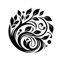 Elegant black and white circular floral motif featuring leaves, curls, dots, and intricate botanical , stylized with a minimalist aesthetic on a plain white background. vector