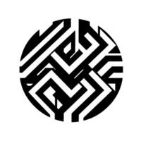 Circular geometric composition of black and white interlocking angular shapes with gray accents, creating an abstract mazelike pattern. vector
