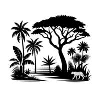 Black and White Silhouette Lush Tropical Landscape with Palm Trees, Large Tree, Leopard and Vegetation, Depicting a Safari Scene. vector