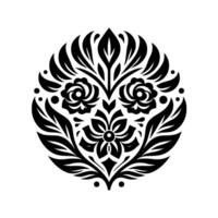 Symmetrical black and white floral with various flower types, leaves, and dots, in a circular formation on a white background. vector