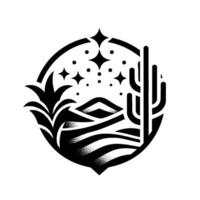 Circular black and white desert landscape with stars, a mountain range, cacti, and stylized foliage, conveying tranquility. vector
