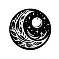Black and White Celestial Mandala Crescent Moon, Stars, Floral Elements, and a Central Orb within a Circular Composition vector