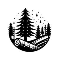 Black and white circular forest scene with a felled log, pine trees, falling rainsnow, and a minimalist, style on white. vector